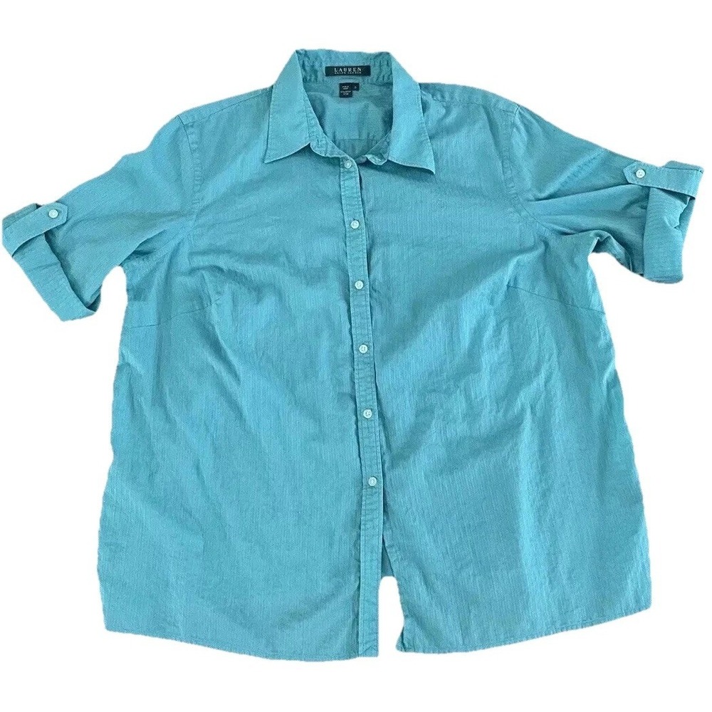Lauren Ralph Lauren Womens Shirt Aqua Teal Button Up Roll Tab Sleeve Size 1X